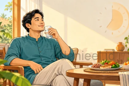 A man pauses between meals beside balanced food, representing the health benefits of fasting.