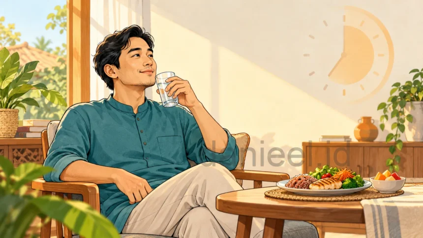 A man pauses between meals beside balanced food, representing the health benefits of fasting.