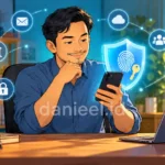 Pria mengamankan akun digital dengan ponsel pribadi, passkey, dan perlindungan biometrik