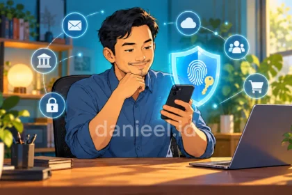 Pria mengamankan akun digital dengan ponsel pribadi, passkey, dan perlindungan biometrik