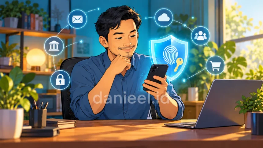 Pria mengamankan akun digital dengan ponsel pribadi, passkey, dan perlindungan biometrik