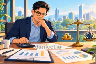 Analis menghitung cost of equity dengan kalkulator dan menimbang risiko serta imbal hasil