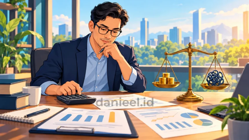 Analis menghitung cost of equity dengan kalkulator dan menimbang risiko serta imbal hasil