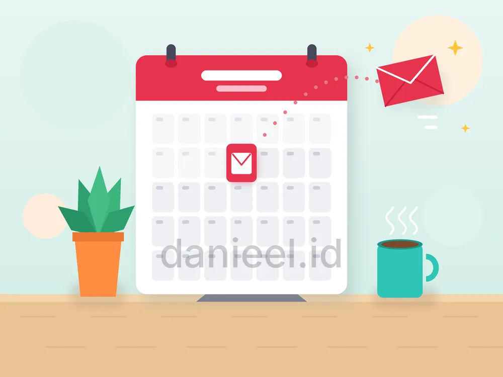 Kalender bulanan dengan satu tanggal bertanda amplop, jadwal kiriman newsletter danieel.id sebulan sekali