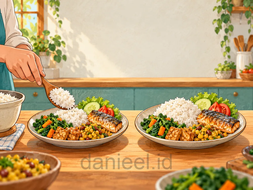 Dua piring bergizi dengan porsi nasi berbeda menggambarkan pembatasan kalori secara moderat.
