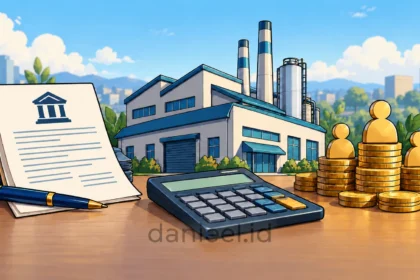Calculator, factory, loan documents, and shareholder capital illustrating a WACC calculation
