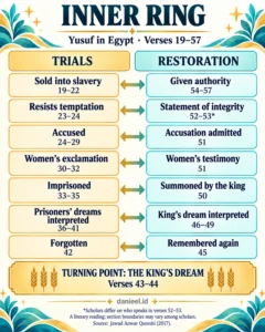 Paired trials and restoration in Yusuf’s life in Egypt, with the king’s dream as the turning point in verses 43–44.