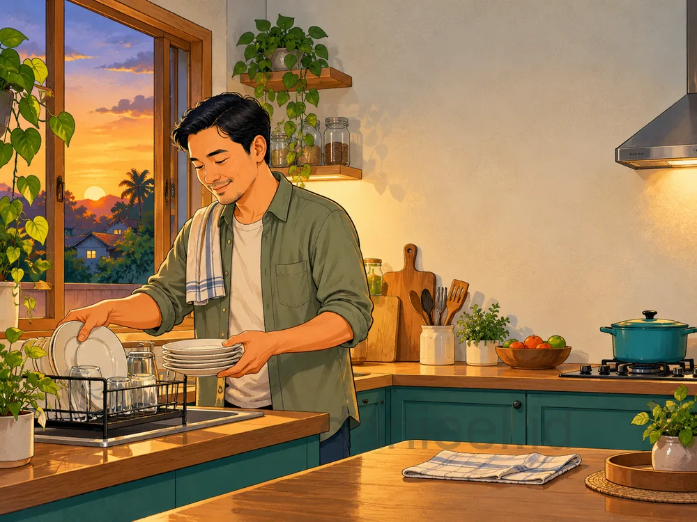 Pria merapikan dapur setelah makan malam sebagai simbol kebiasaan puasa yang konsisten.
