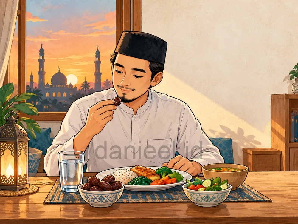 Pria bersiap berbuka puasa Ramadan dengan air putih, kurma, dan makanan berporsi seimbang.