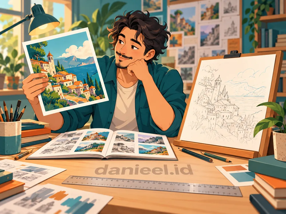 Pekerja kreatif membandingkan contoh hasil dengan sketsa dan referensi sebagai panduan skill