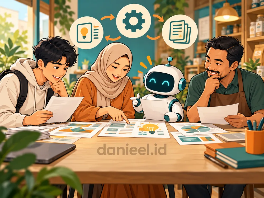 Pelajar, pekerja kreatif, dan pemilik usaha meninjau hasil AI bersama sebelum digunakan