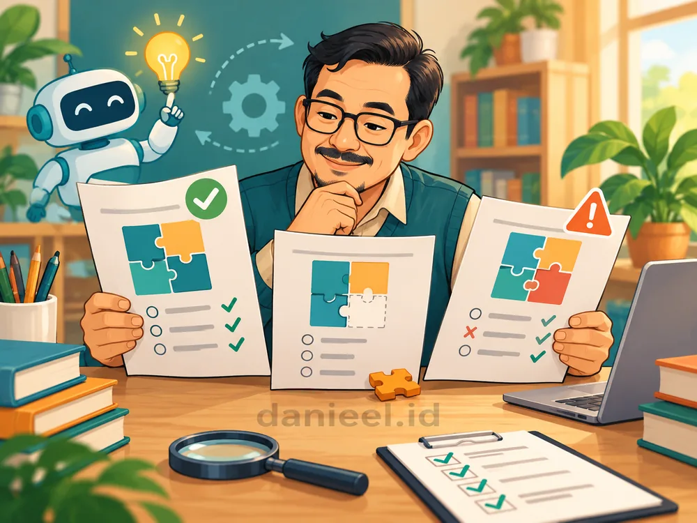 Pengajar memeriksa hasil uji dari bahan lengkap, bahan kurang, dan kasus yang berbeda