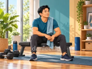 Pria tersenyum tenang setelah latihan kekuatan ringan sebagai gambaran rasa mampu dan suasana hati