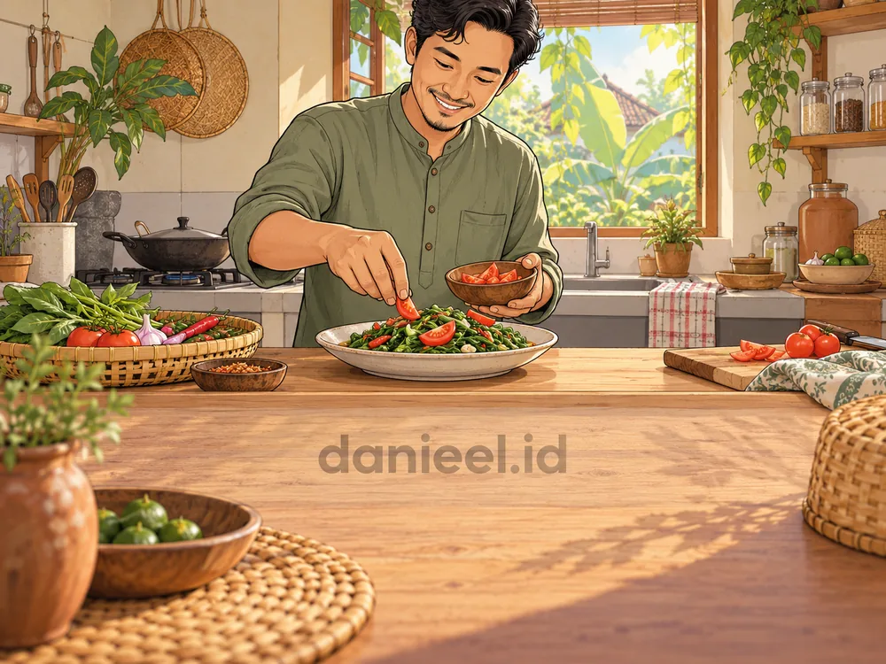 A man preparing a vegetable and tomato dish in his home kitchen