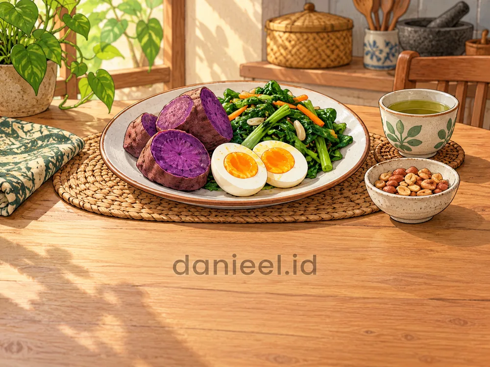 A home-cooked meal with purple sweet potato, egg, vegetables, nuts, and tea