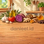 Aneka superfood yang mudah disediakan di rumah, termasuk minyak zaitun, bawang putih, tomat, ubi ungu, dan rempah.