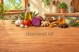 Aneka superfood yang mudah disediakan di rumah, termasuk minyak zaitun, bawang putih, tomat, ubi ungu, dan rempah.