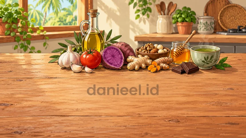A variety of easy superfoods to prepare at home, including olive oil, garlic, tomatoes, purple sweet potatoes, and spices
