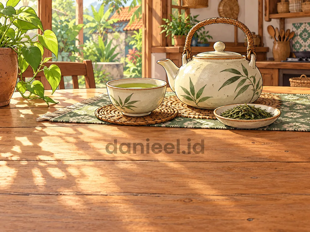 A ceramic teapot and a cup of unsweetened brewed green tea