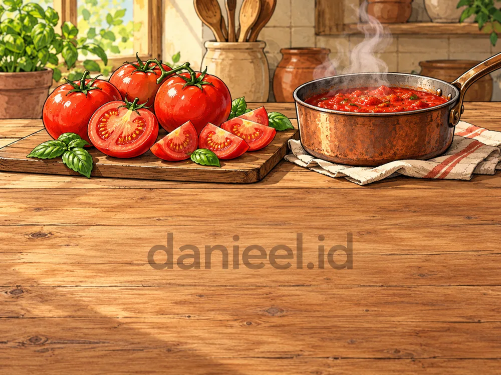 Fresh red tomatoes and homemade tomato sauce in the kitchen