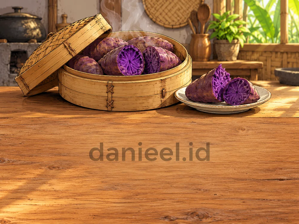 Steamed sweet potatoes with purple flesh in a bamboo steamer