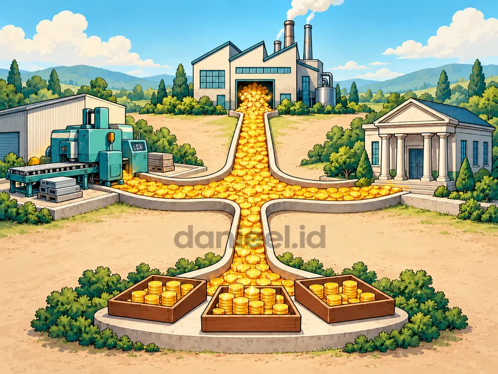 A factory distributes cash flows to reinvestment, creditors, and shareholder payouts.