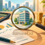 Stock valuation tools with a magnifying glass, company model, calculator, financial report, and coins.