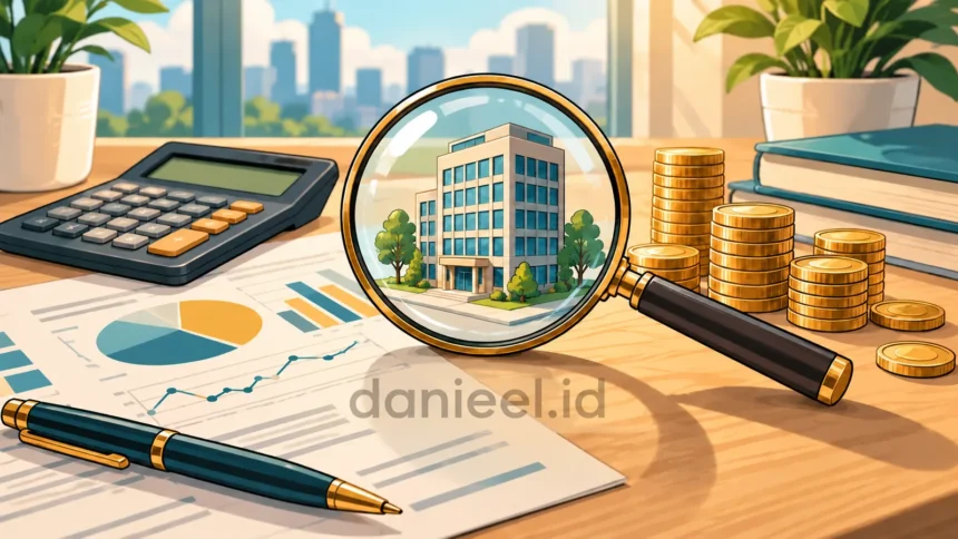 Stock valuation tools with a magnifying glass, company model, calculator, financial report, and coins.