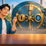Pria memegang kunci dan ponsel bersimbol sidik jari di depan brankas dengan dua pengaman mengilustrasikan verifikasi dua langkah
