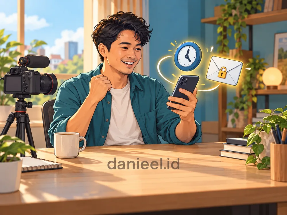 Video creator holding a phone with authenticator and email symbols as account protection methods